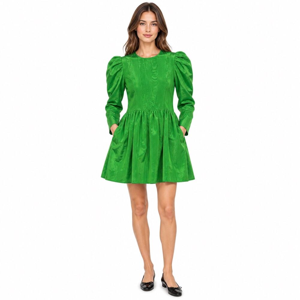 Batsheva Green Moiré Puff Sleeve Mini Dress NWT Made in USA Size 14